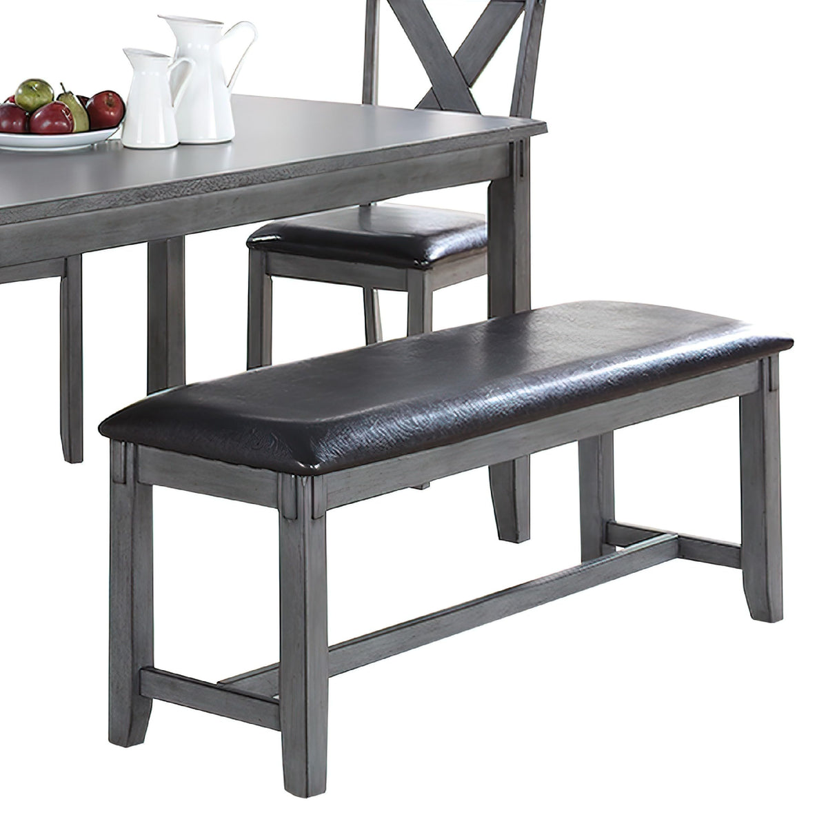 6 Piece Dining Set with Table, 4 Chairs and Bench, Faux Leather, Gray, Black