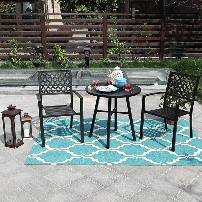 3 Piece Patio Metal Dining Arm Chairs and Umbrella Table Bistro Furniture Set