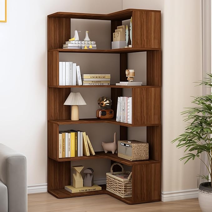 6-Tier L-Shaped Corner Bookshelf - 66" Tall Wooden Freestanding Bookcase