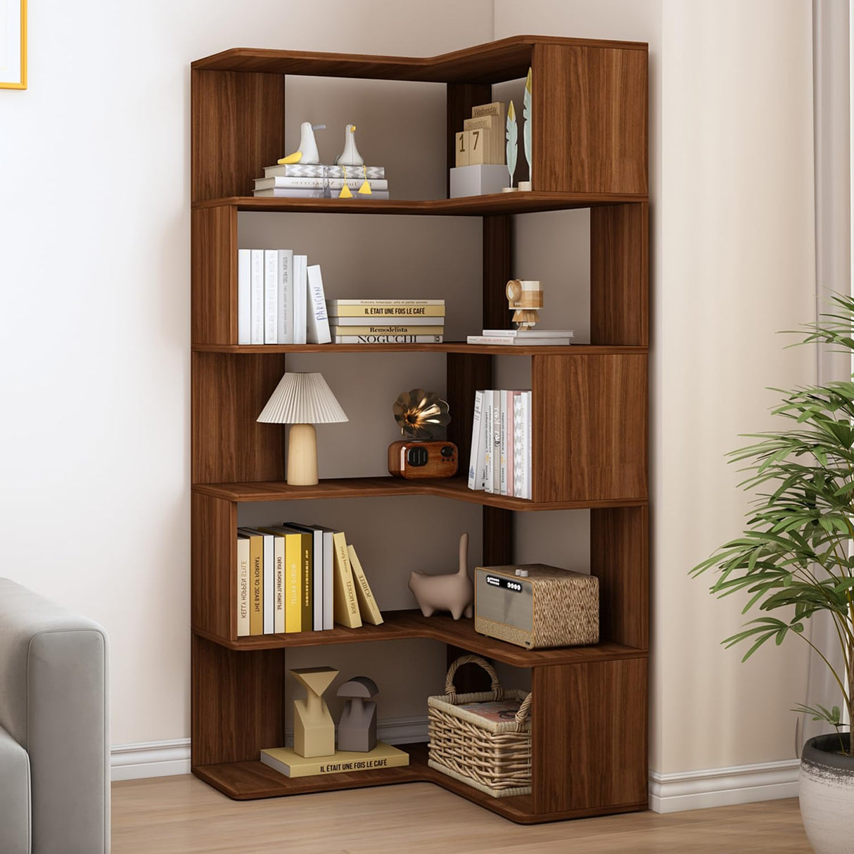 L-Shaped Corner Bookshelf - 66" Tall Wooden Freestanding Bookcase with Open Shelf