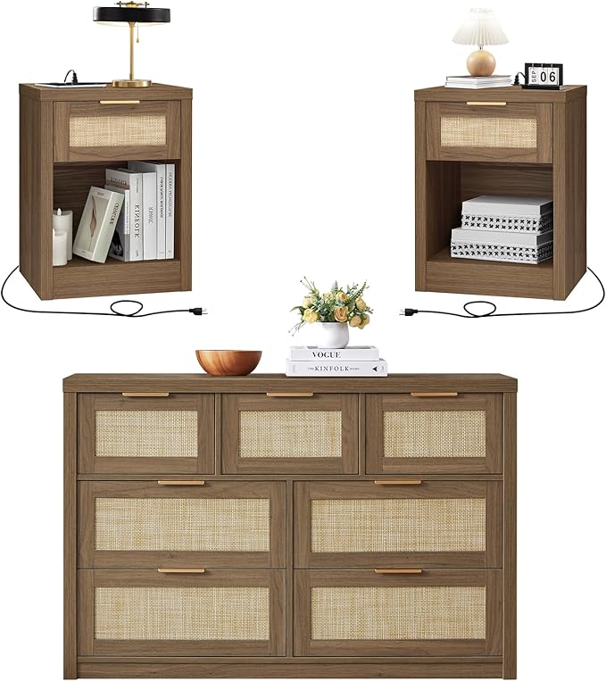 3 Piece Rattan Bedroom Sets Queen Size, Include Nightstand Set of 2