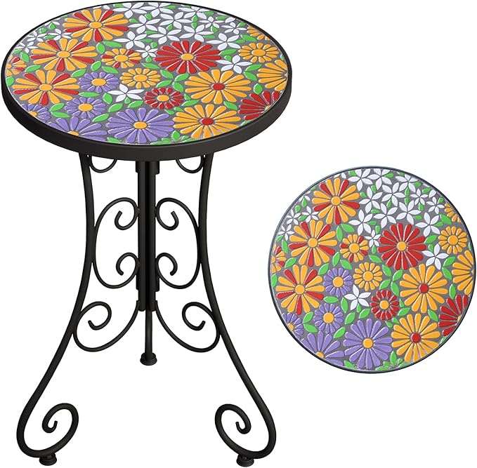 Mosaic Outdoor Side Table, Patio Side Table, Weather Resistant 14" Diameter 21" H Ceramic