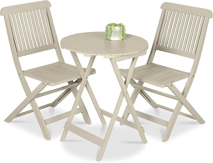 Acacia Wood Bistro Set - 3-Piece Folding Patio Furniture with 2 Chairs & Round Coffee Table
