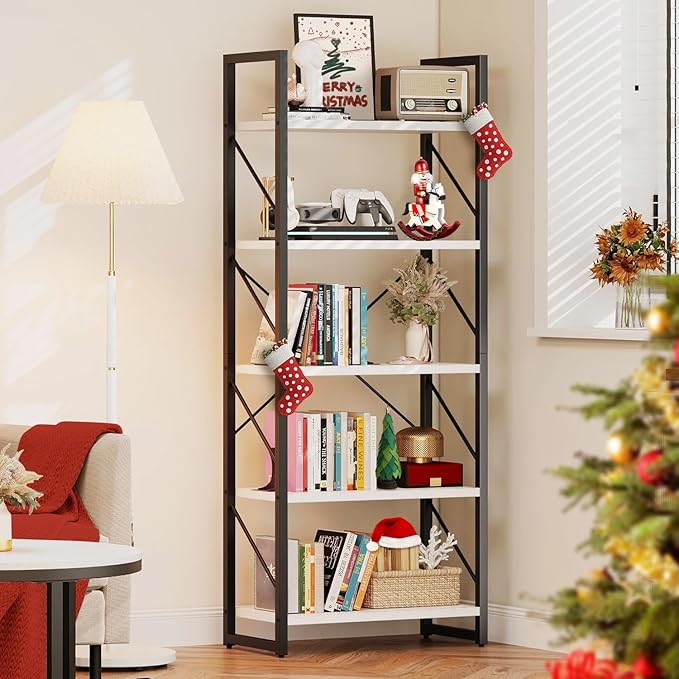 5-Tier Bookshelf, Freestanding Book Shelf, Industrial Minimalist Open Display Storage