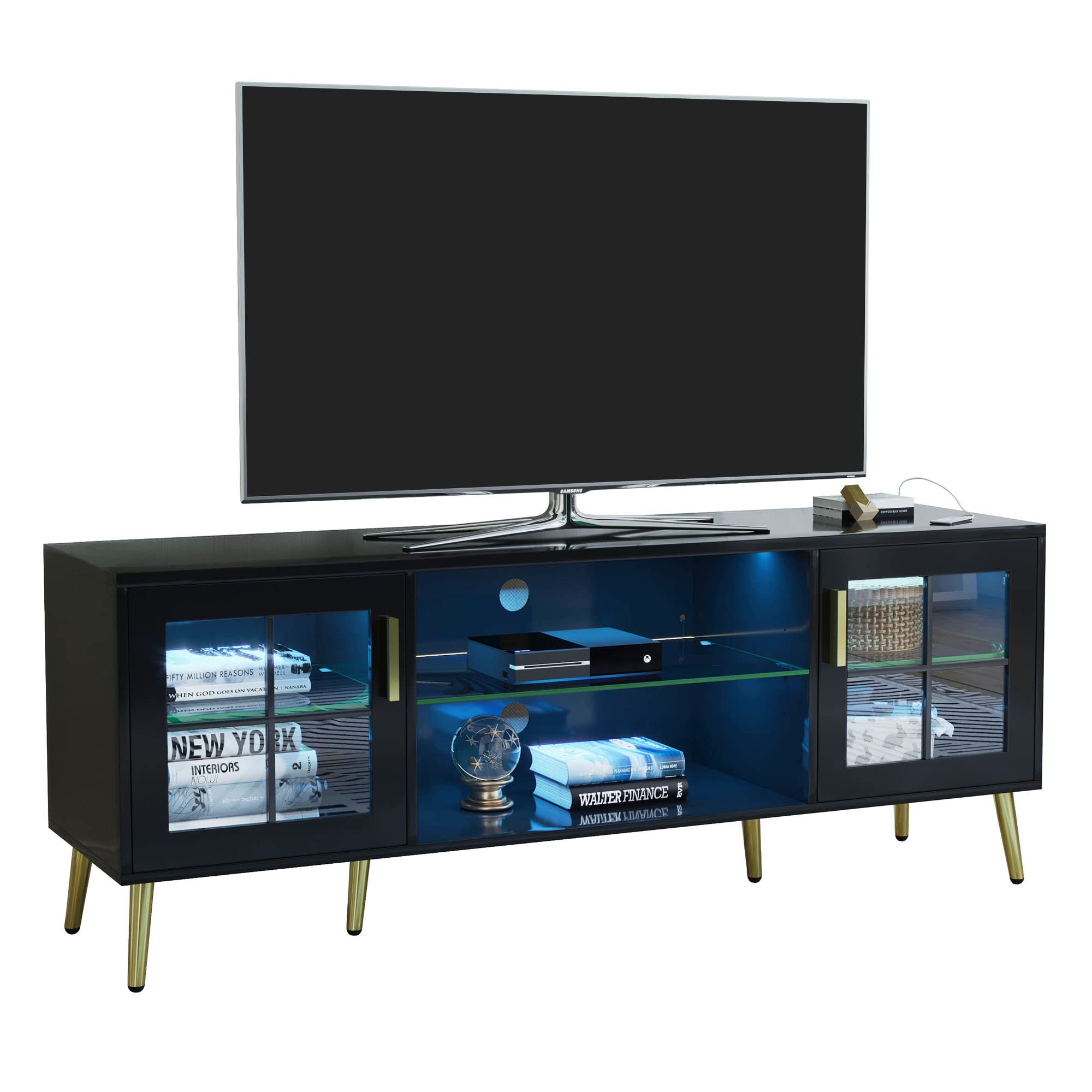 TV Stand Black with 3 Color LED Lights, TV & Media Furniture for Living Room, Media Table