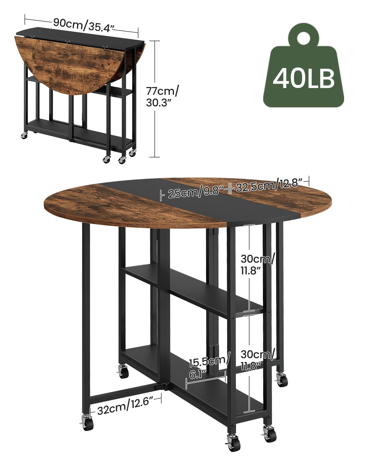 Folding Dining Table with Wheels and Storage Shelf