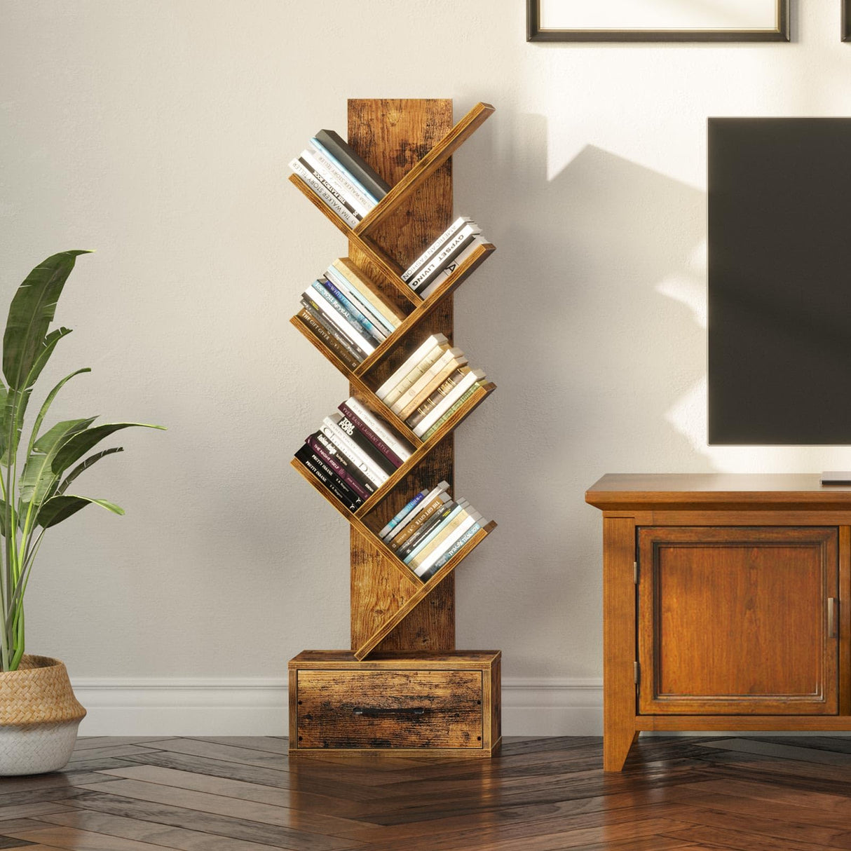 Rolanstar Bookshelf with Wooden Drawer, 7 Shelf Tree Bookshelf, Modern Book Storage, Free Standing Tree Bookcase, Utility Organizer Shelves for Home Office, Living Room, Bedroom, Rustic Brown