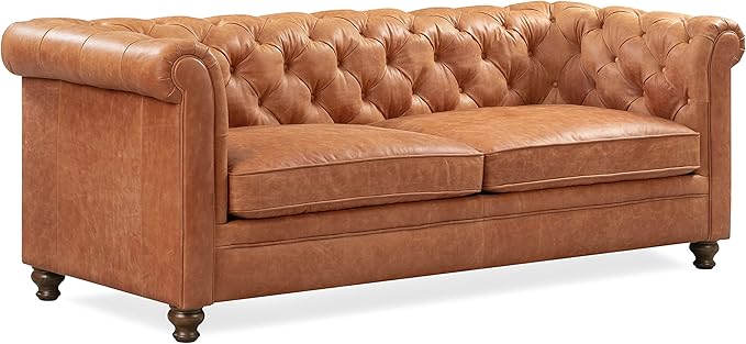 Sorrento Leather Couch – 86-Inch Leather Sofa with Tufted Back - Full Grain Leather Couch with Feather-Down