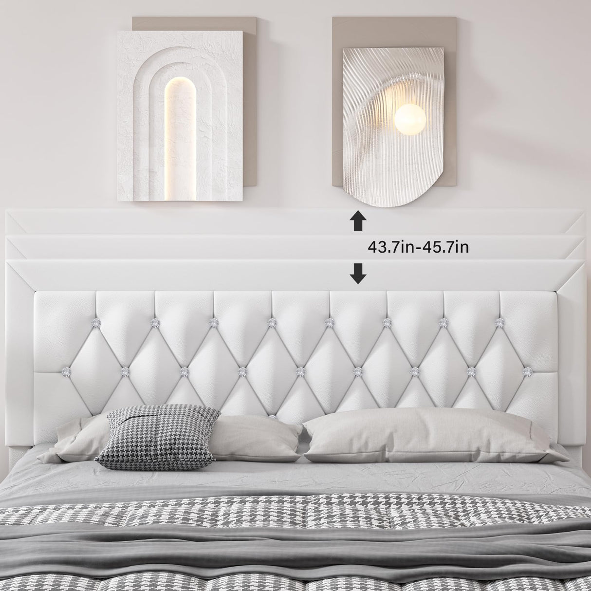 White Full Size Bed Frame with 4 Storage Drawers, Modern Leather Bed with Tufted