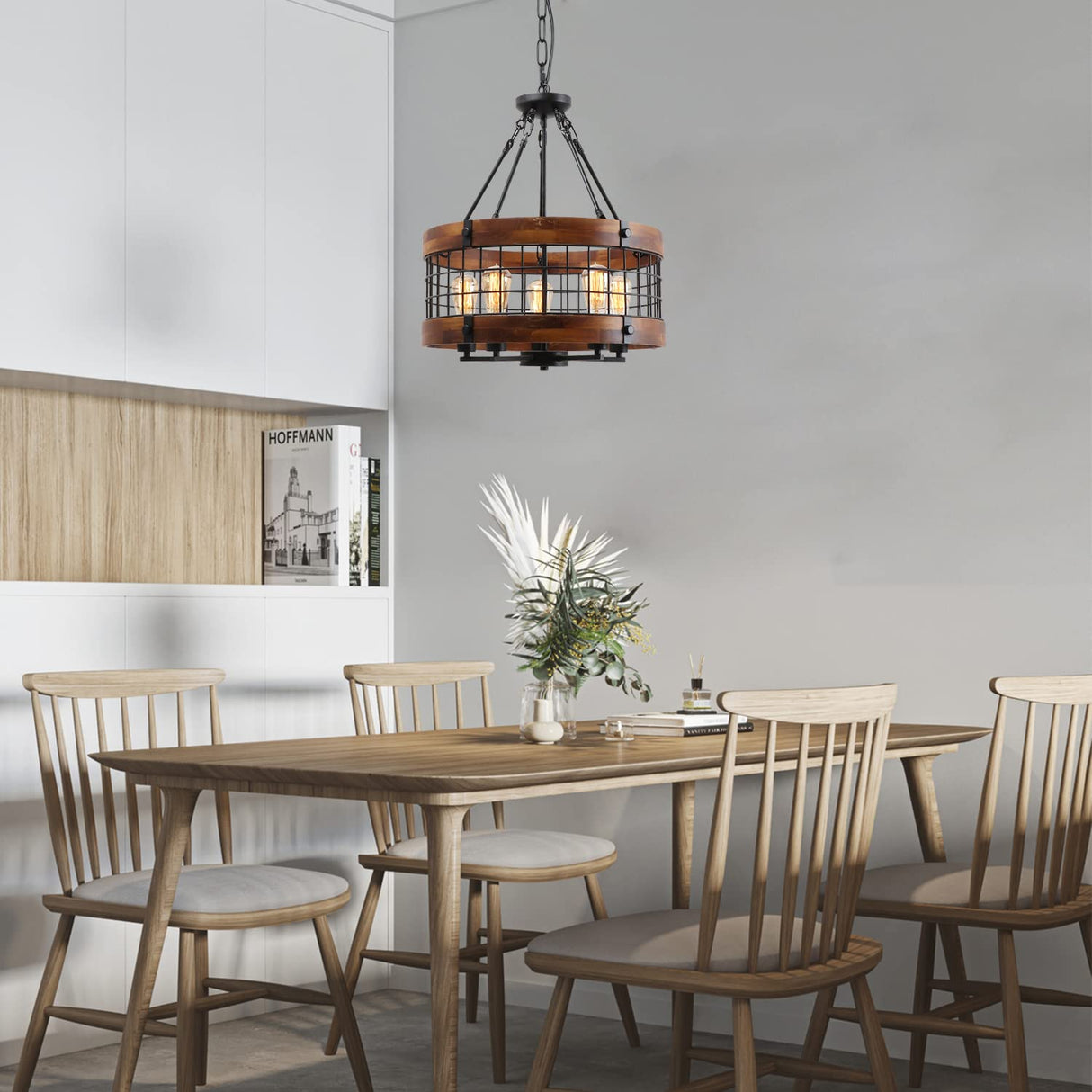 Farmhouse Chandelier for Dining Room, 5-Light Rustic Round Wood Metal Chandelier