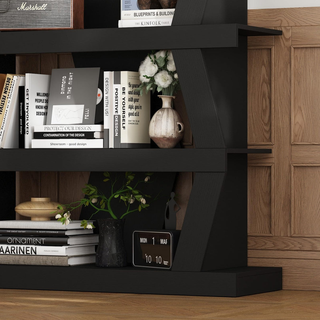 FAMAPY 63.8” Wavy-Shaped Bookshelf with 5-Tier Shelves, Standing Display Book Shelves, Book Case Shelf Wood Open Bookcase for Home Office Living Room 11.5”D x 35.4”W x 63.8”H