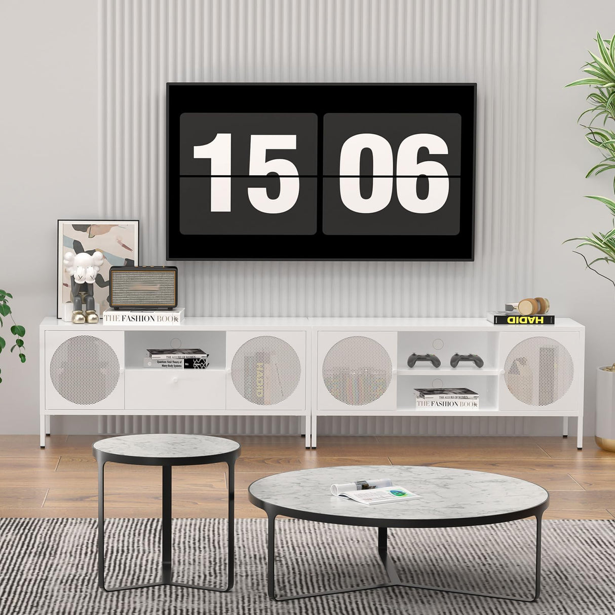 TIMELESS PIECES TV Stand, Metal Media TV Console with Drawer,Modern Entertainment Center with Storage Cabinets and Cable Hole,Tv Stands for Living Room, Bedroom