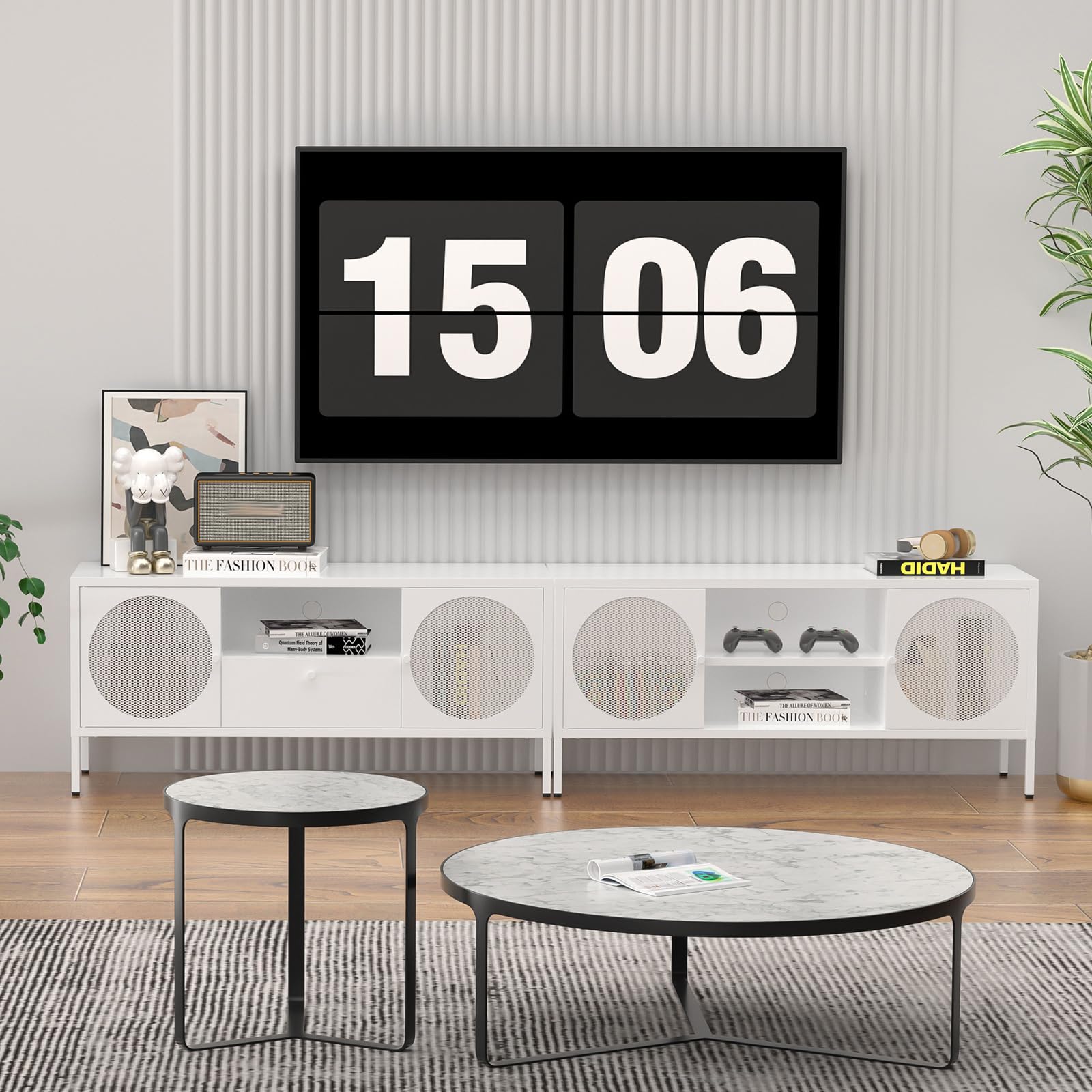 TIMELESS PIECES TV Stand, Metal Media TV Console with Drawer,Modern Entertainment Center with Storage Cabinets and Cable Hole,Tv Stands for Living Room, Bedroom