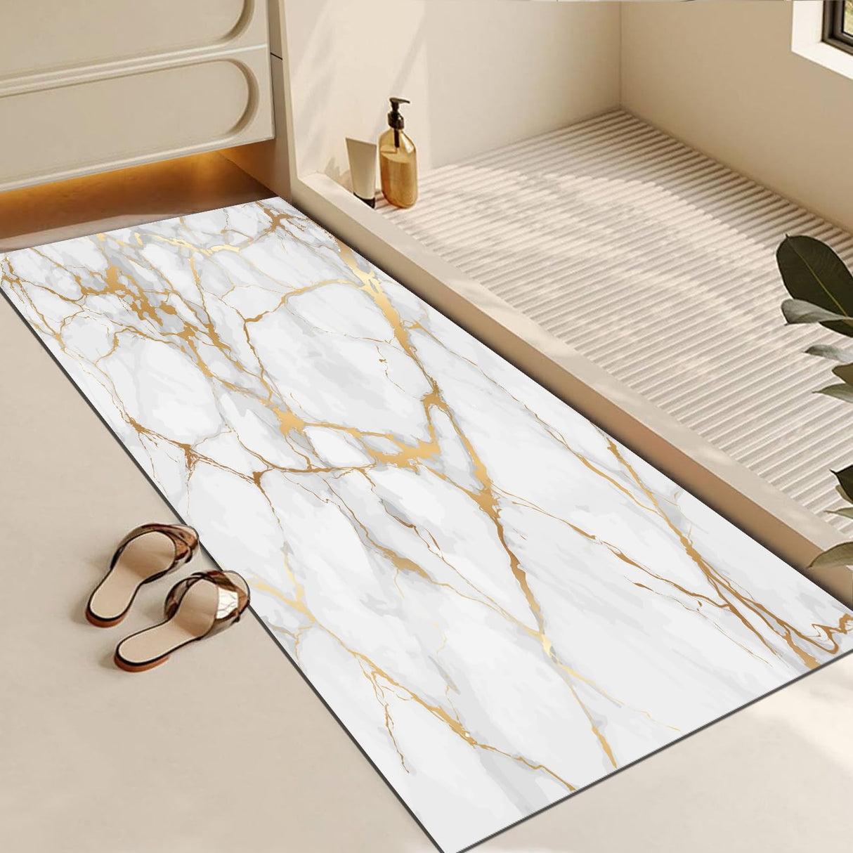 Long Gold White Marble Bath Mat,Non Slip Super Absorbent Quick Drying Bathroom Runner Rug
