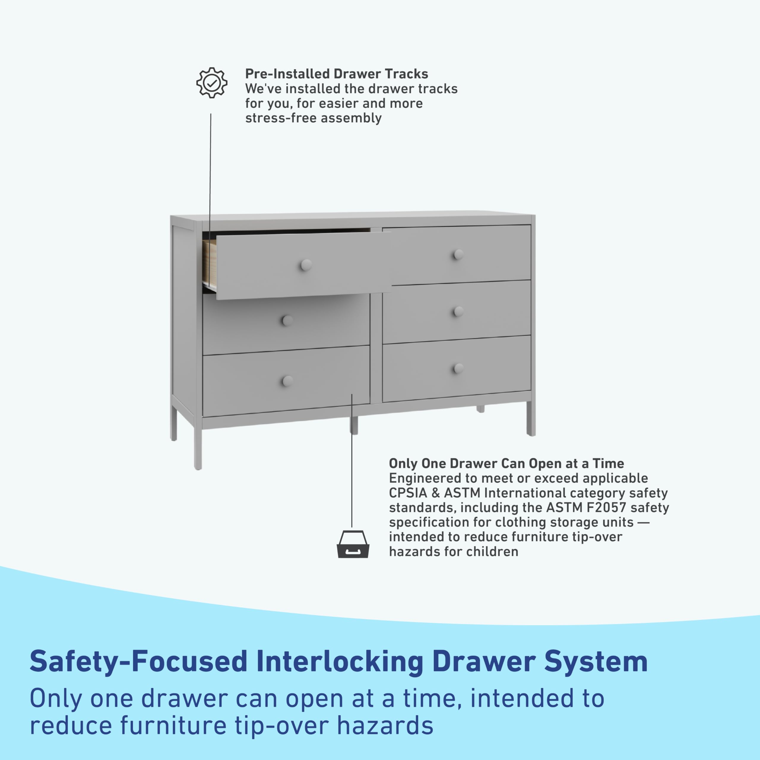 Theo 6 Drawer Dresser (Pebble Gray) - GREENGUARD Gold Certified, Interlocking Drawer