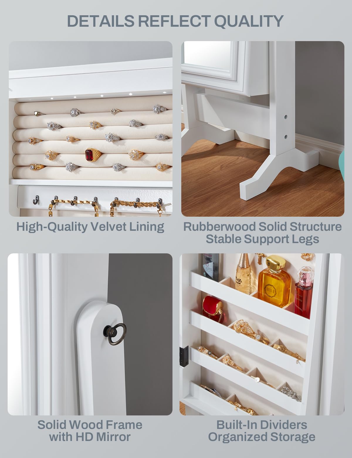 Jewelry Armoire Cabinet Standing Mirror Full Length with Jewelry Storage, LED Lights 5 Adjustable Angles Jewelry