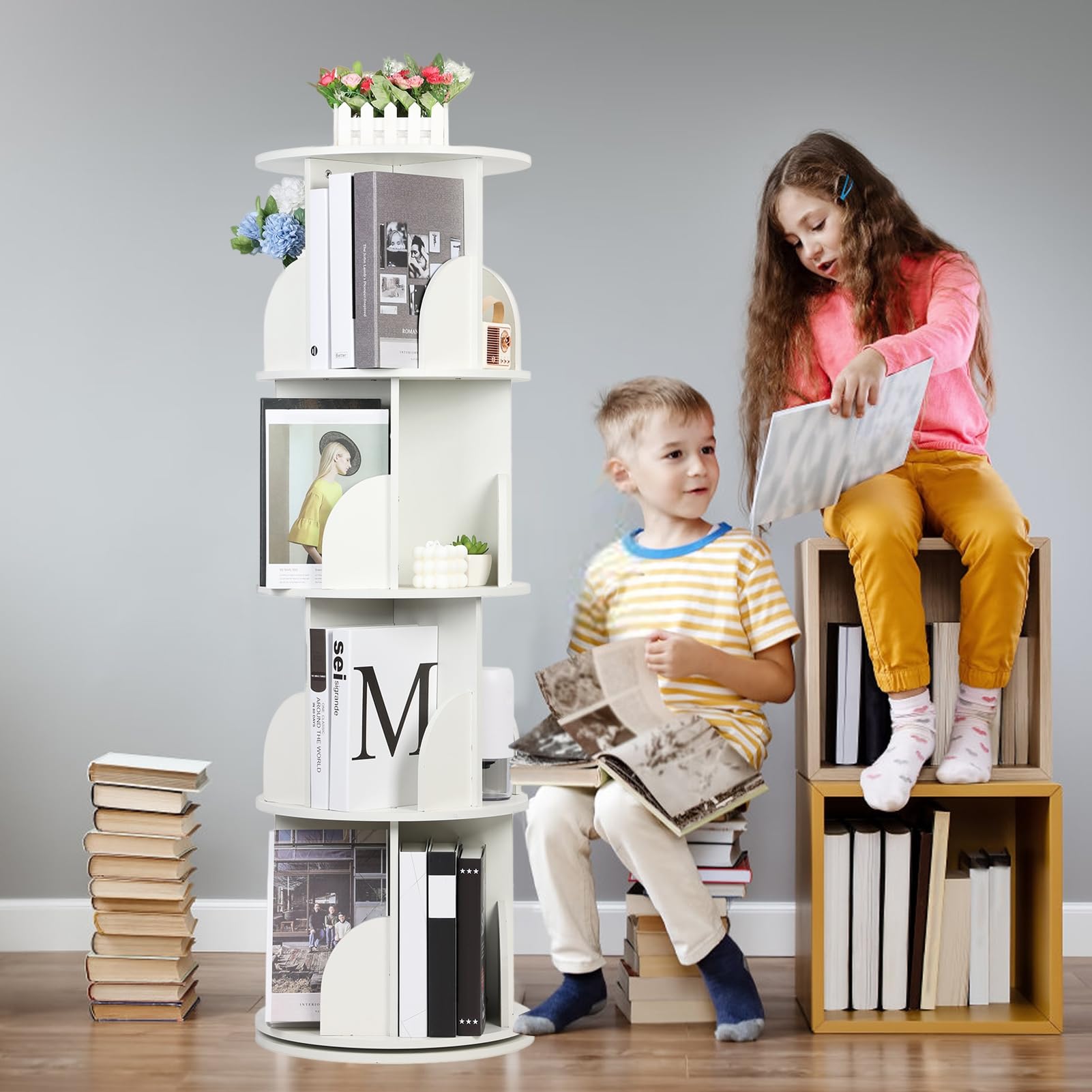 4 Tier Rotating Bookshelf, Small Corner Bookshelf for Small Space 360 Display Floor