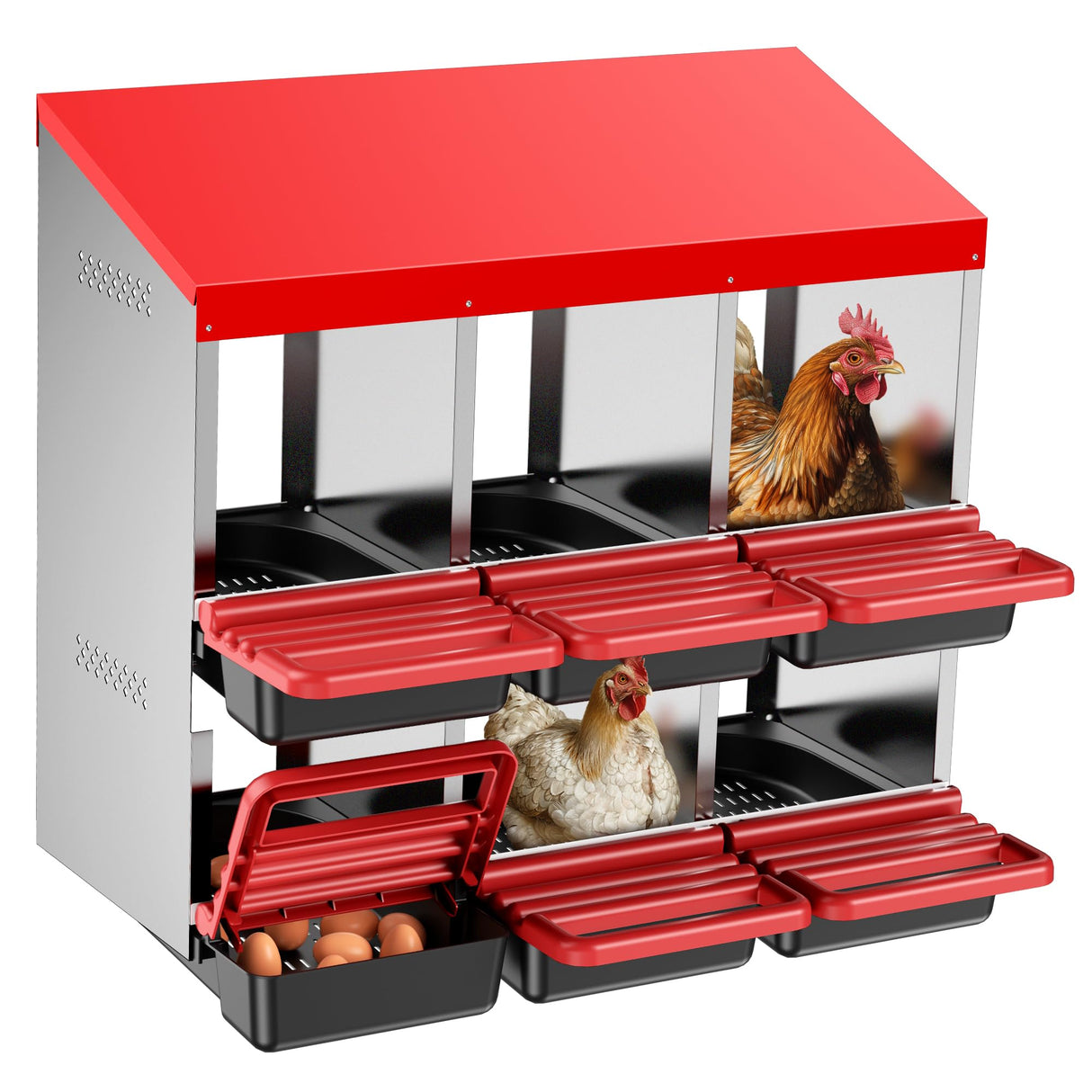 Two-Tier Chicken Nesting Box, 6 Hole Roll Away Eggs Laying Boxes
