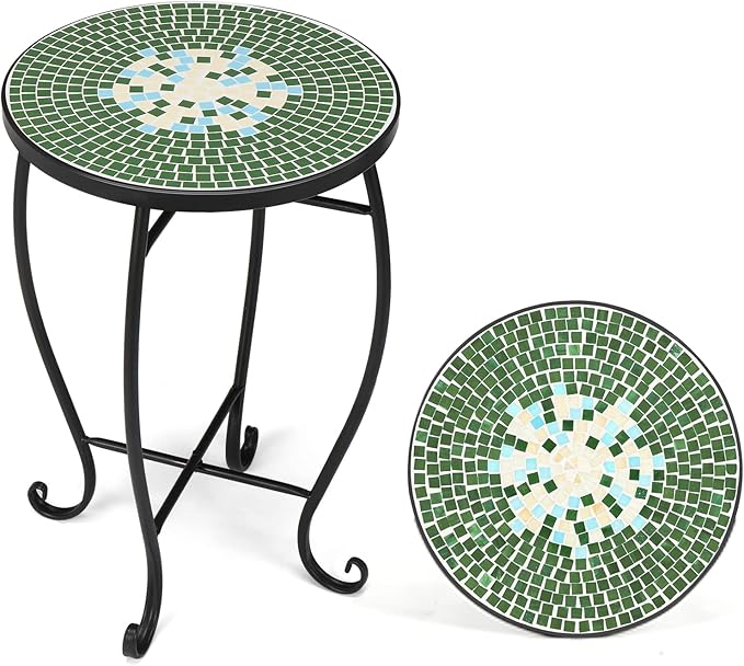 Mosaic Outdoor Side Table, 14" Round End Table, Accent Table, Plant Stand Ideal
