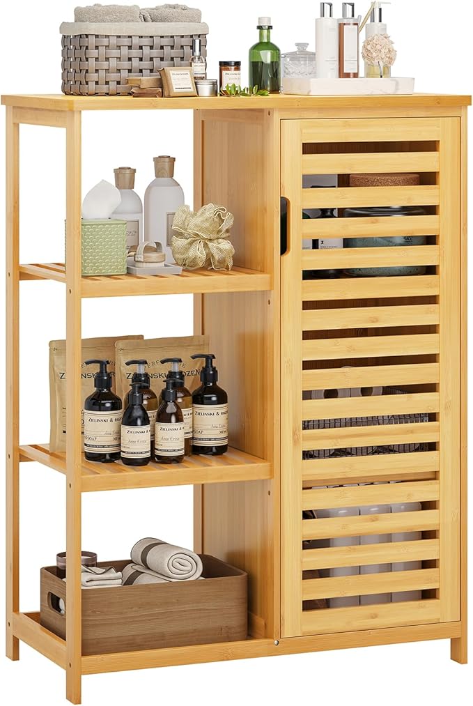 Bathroom Cabinet Bamboo Storage Cabinet with Doors and 3 Side Shelves