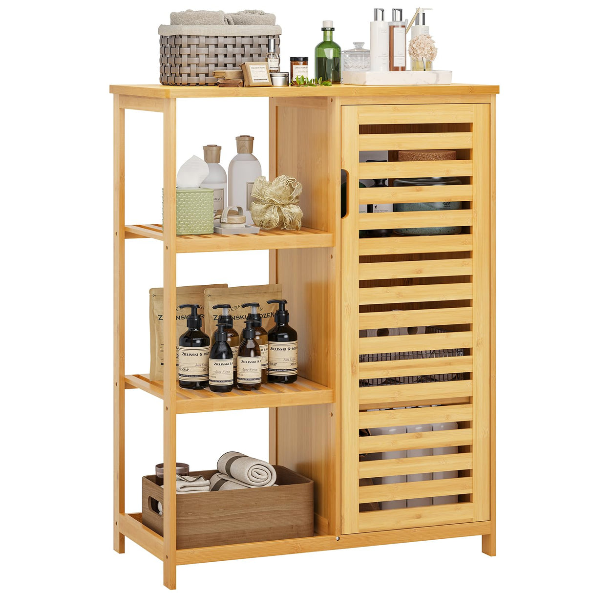 Bathroom Cabinet Bamboo Storage Cabinet with Doors and 3 Side Shelves