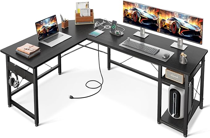 L Shaped Computer Desk 66" with Power Outlet & Storage Shelves