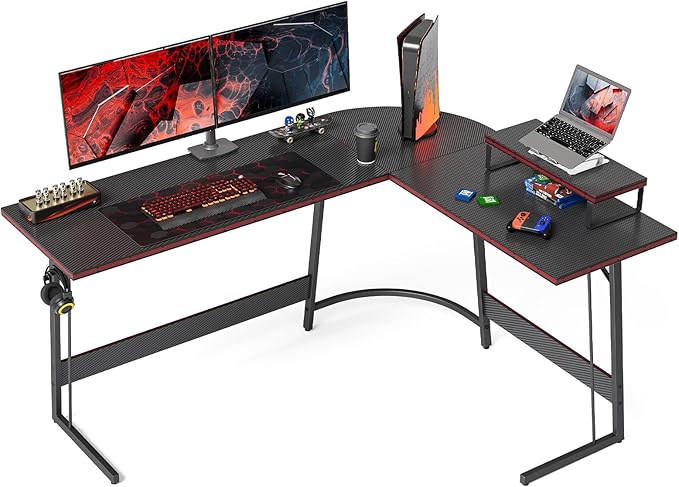 59 Inch Shaped Desk, Computer Corner Desk with Carbon Fiber Surface, Gaming Desk