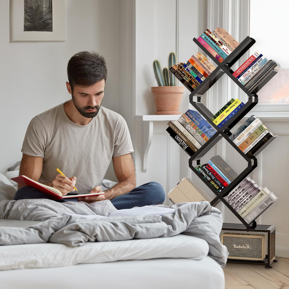 HI NINGER Folding Bookshelf,9 Tier Tree Bookshelf with Storage Cabinet,Stylish Design Metal Bookshelf for Display of CDs,Books in Living Room,Home Office,Tall Floor Standing Book Organizer for Bedroom