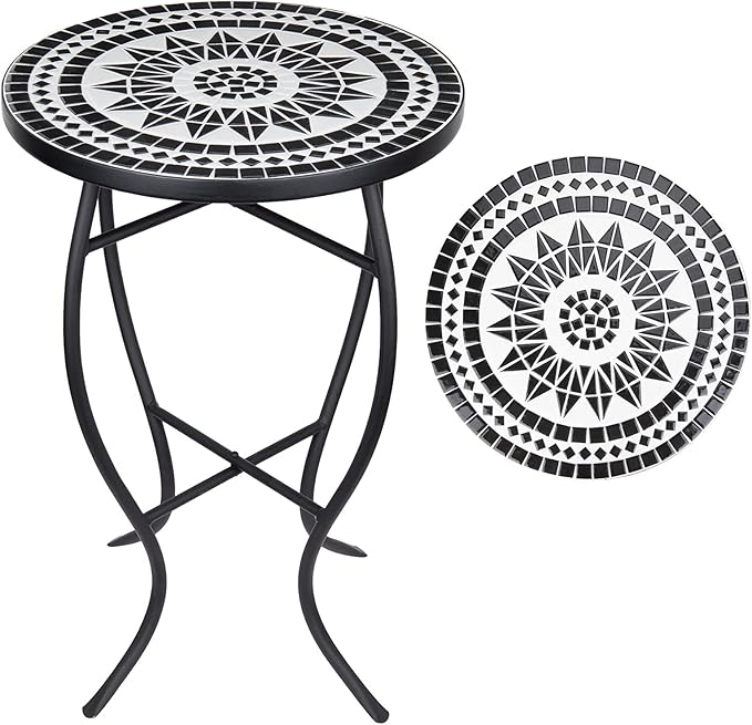 Mosaic Outdoor Side Table, 14" Round Folding Plant Stand for Patio Garden Backyard
