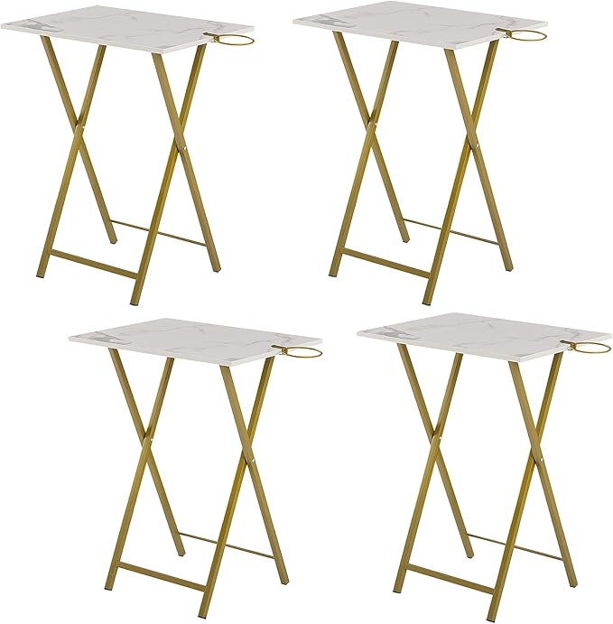 LuxFold 2-Piece Modern Marble Snack Tray Table Set with Cup Holder