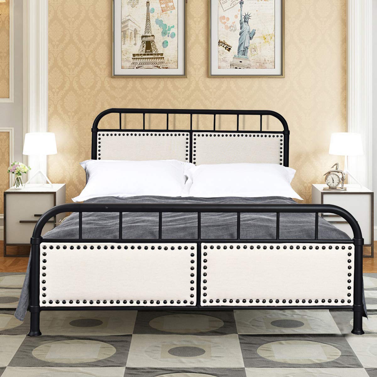 Metal Bed Frame, Full Size Bed Platform with Comfortable Upholstered Headboard