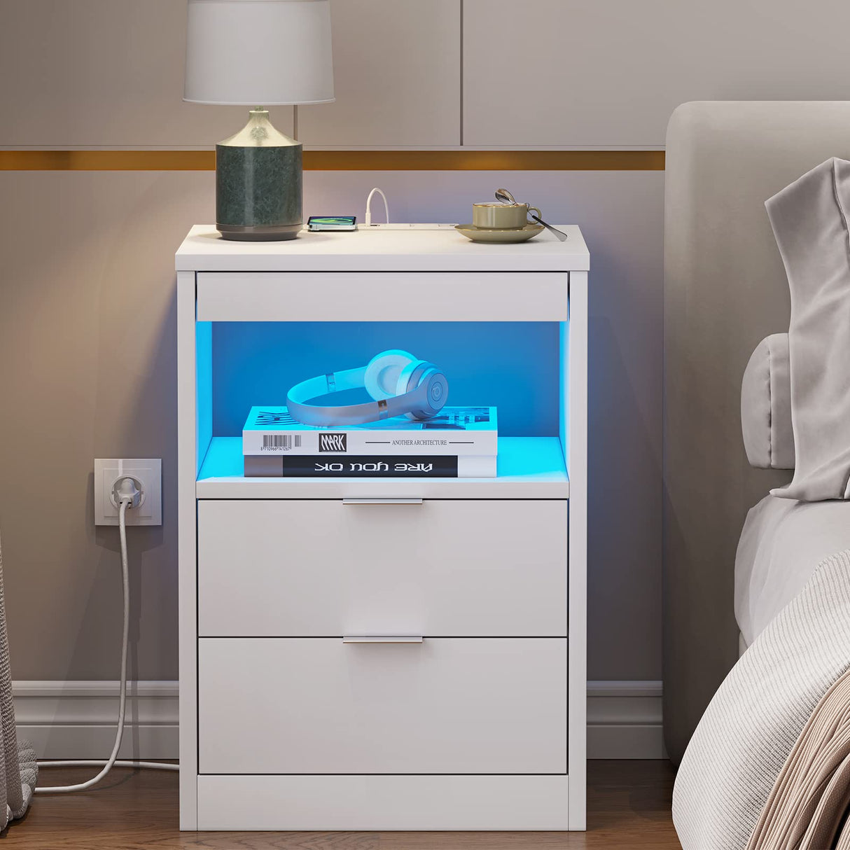 ED Nightstand White Nightstand with Wireless Charging Station 2 Drawers