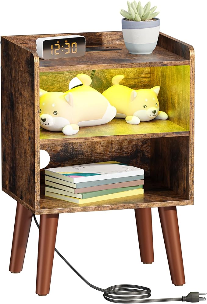 Night Stand with LED Lights, Bedside Table with Outlets and USB C Port