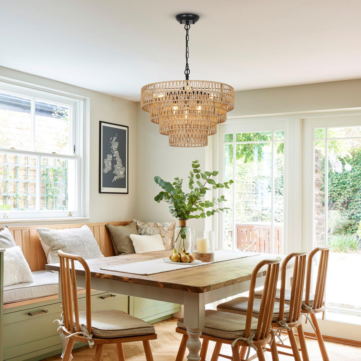 6-Light Dining Room Light Fixture, Wicker Pendant Lighting with 4-Tier Woven Lampshade,