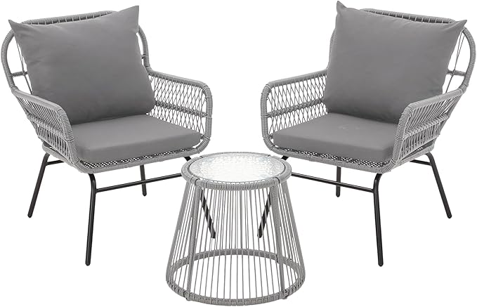3-Piece Patio Conversation Bistro Set, Outdoor All-Weather Wicker Balcony Furniture