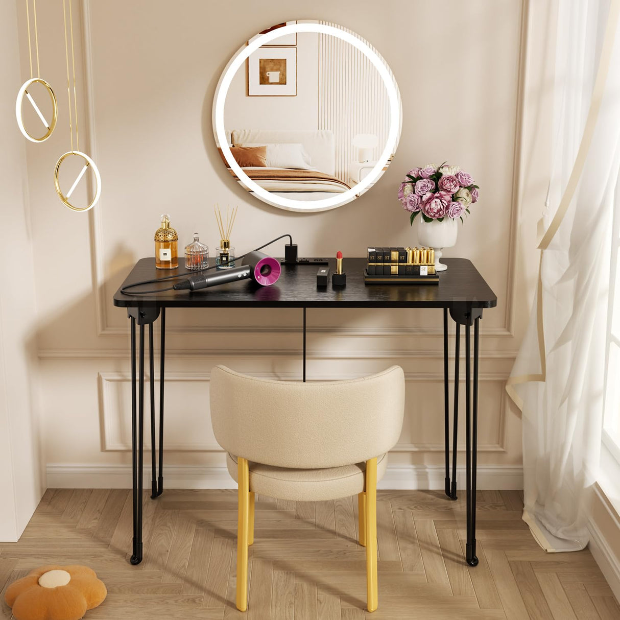 Folding Desk, 31.5" Hairpin Legs Small Desk with Power Strip for Bedroom