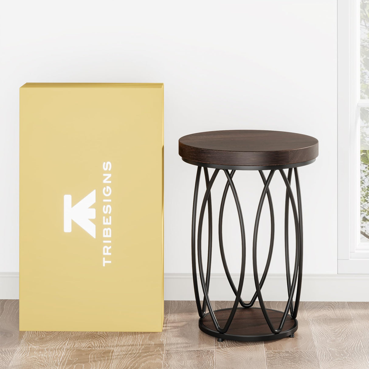 Round Side Table, Small End Table with Storage Shelf