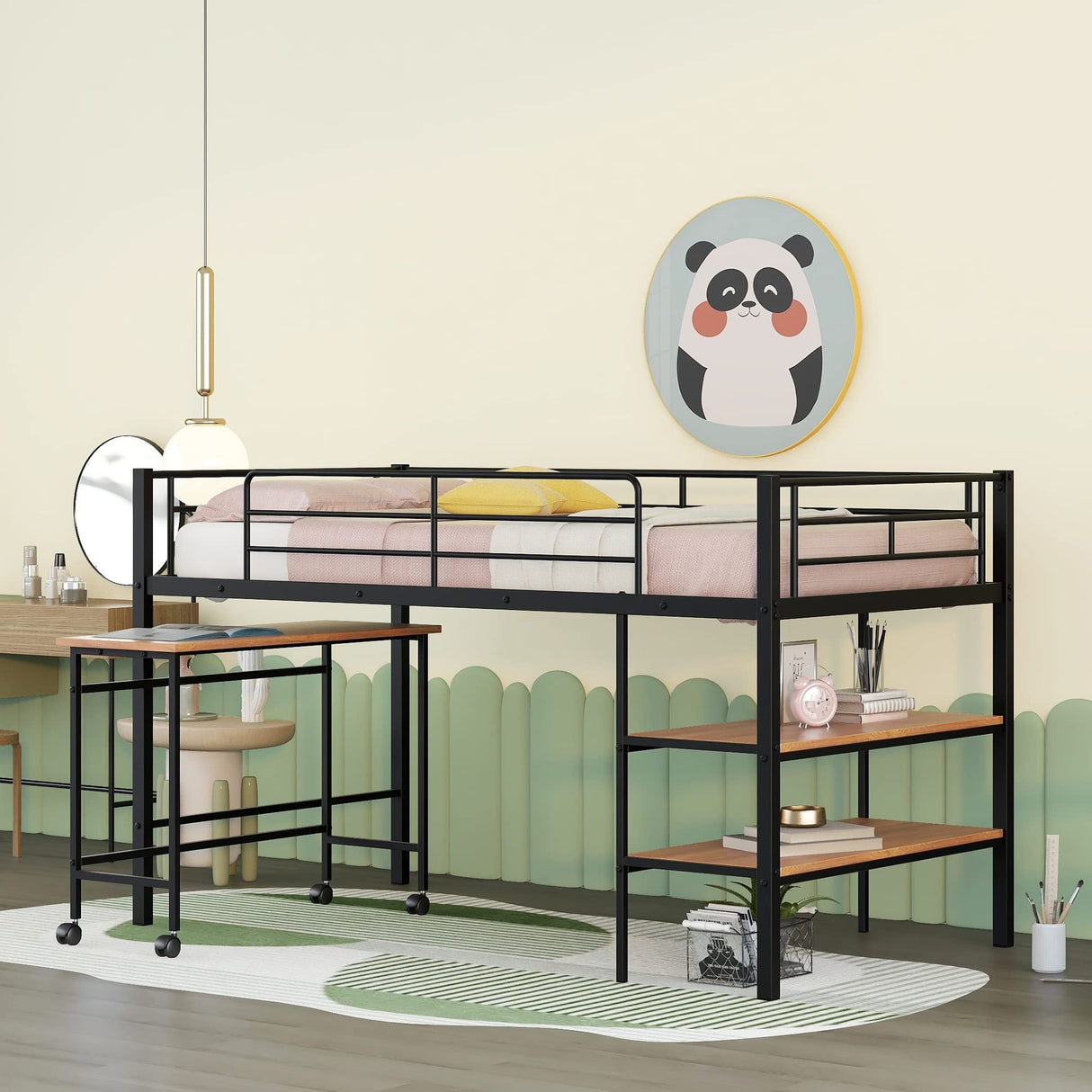 Twin Size Loft Bed with Desk and Storage Shelves,Metal Twin Size Bed with Rolling Portable Desk, Low Loft Bed with Full-Length Guardrail for Kids Boys Girls Teens(Black)
