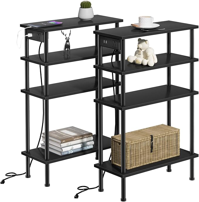 End Table with Charging Station and USB Ports, 3-Tier Nightstand with Adjustable Shelf,