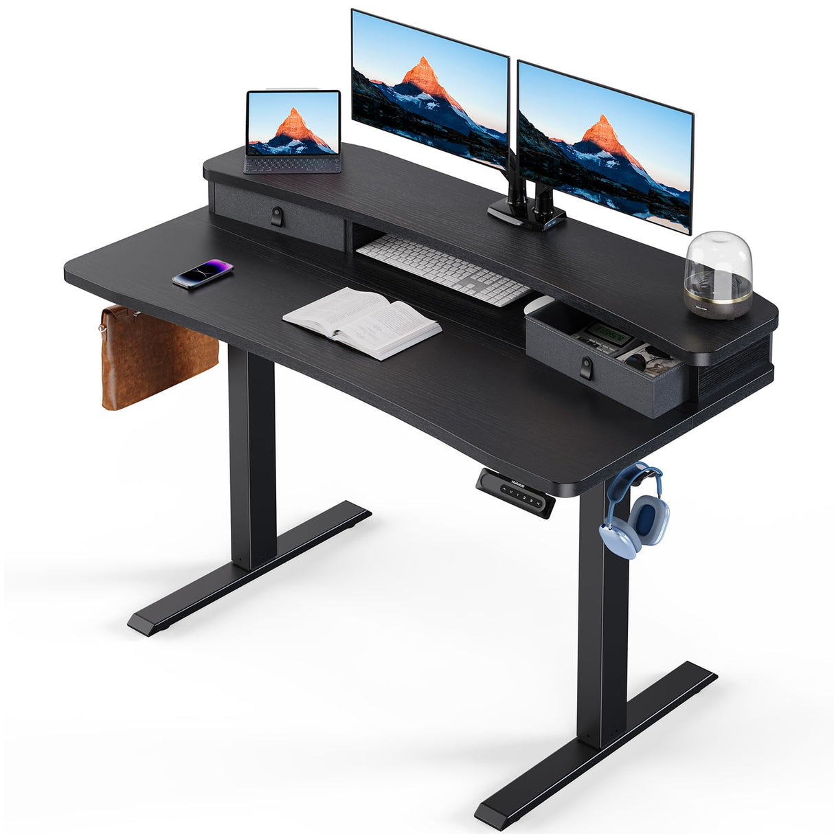48″ x 24″ Electric Standing Desk with 2 Drawers, C-Clamp Mount Compatible, Height Adjustable Computer Desk, Home Office Stand Up Desk with 4 Preset Heights & 2 Hooks, Black