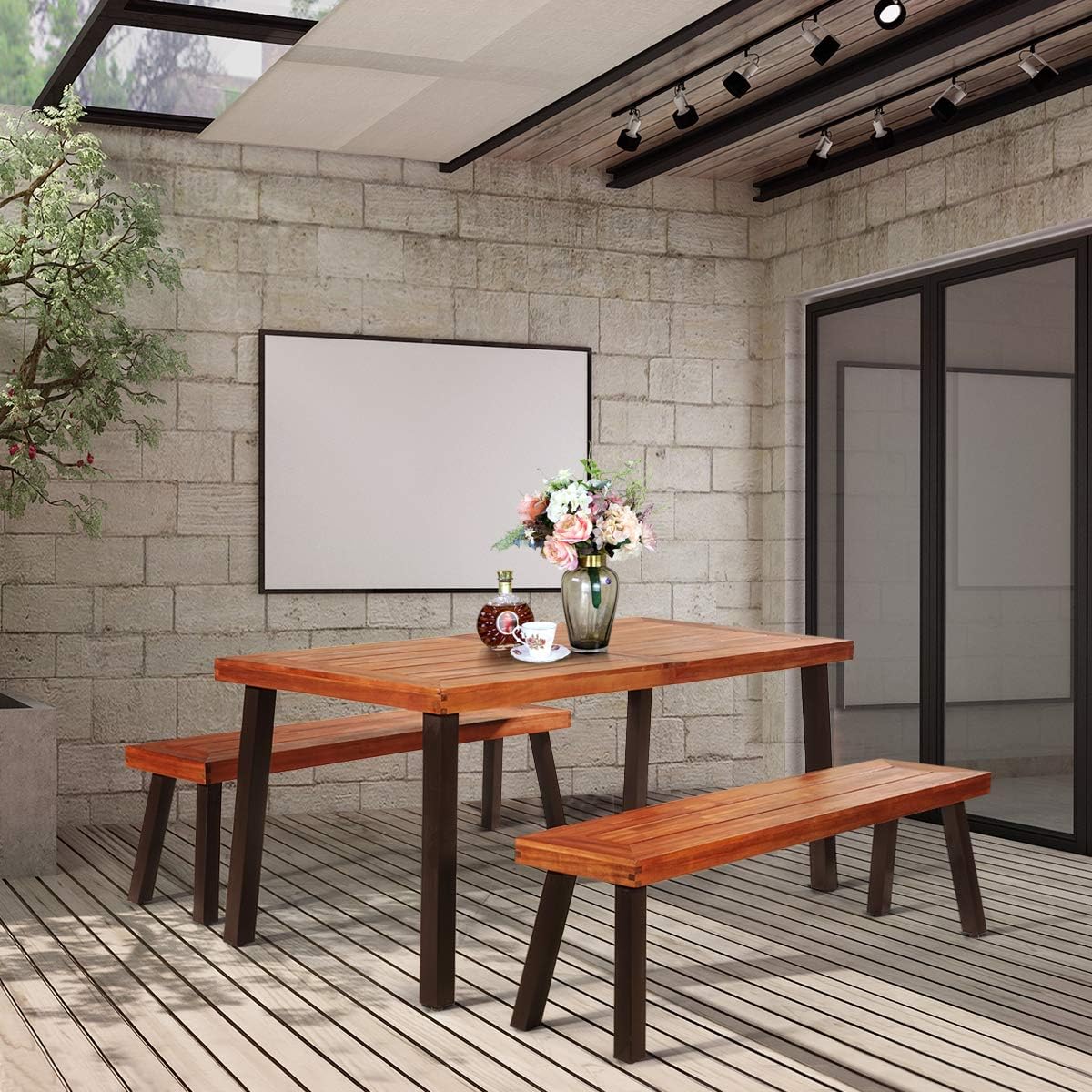 Acacia Wood Patio Dining Table with Umbrella Hole - Rustic Brown Outdoor Picnic Table