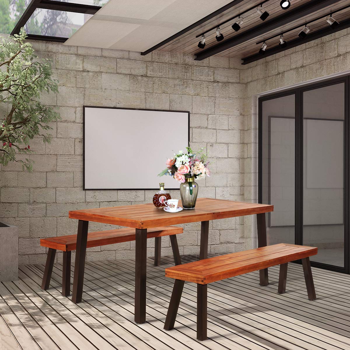 Acacia Wood Patio Dining Table with Umbrella Hole - Rustic Brown Outdoor Picnic Table