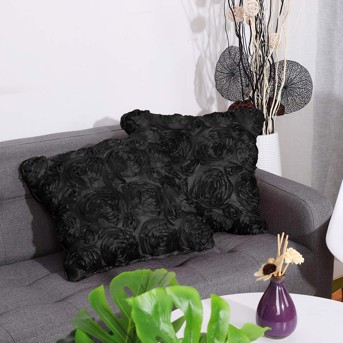 2 Pcs 3D Flowers Throw Pillow Cover, Romantic Decorative Satin Cushion Cover