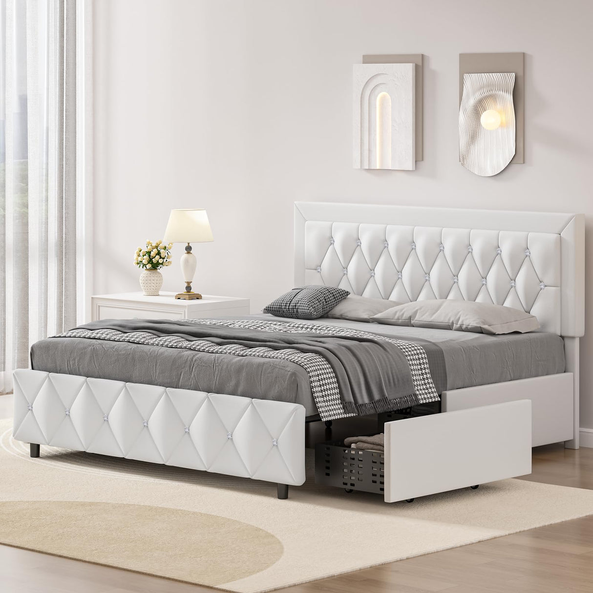 White Full Size Bed Frame with 4 Storage Drawers, Modern Leather Bed with Tufted