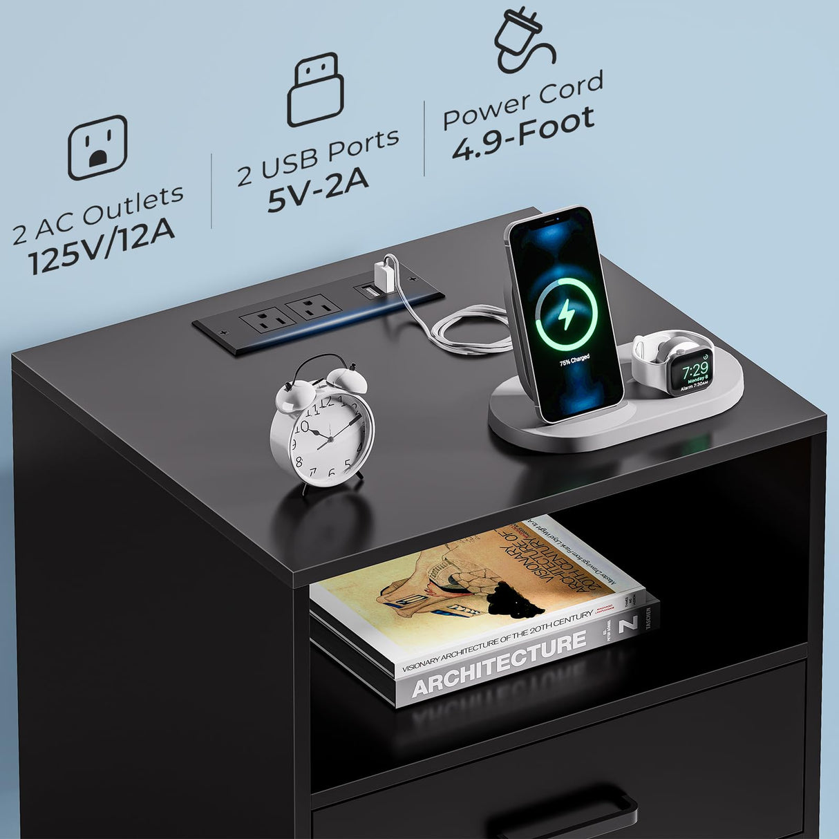 Nightstand with Charging Station and LED Lights, Night Stand with Drawers and Open