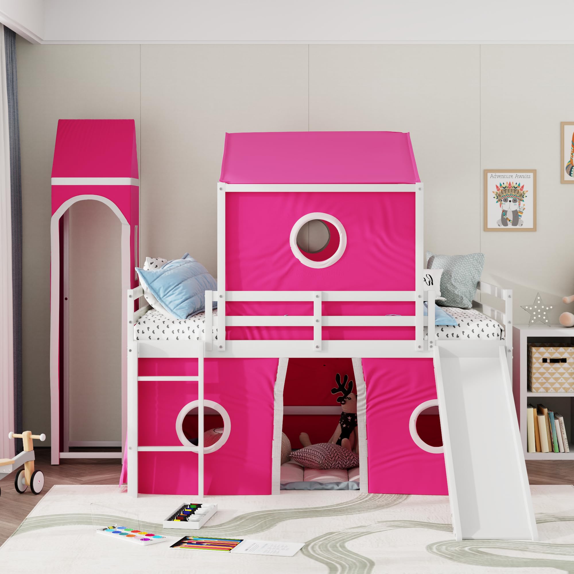 Loft Bed with Slide and Curtains, Full Over Full Floor Bunk Bed with House Shape Tent