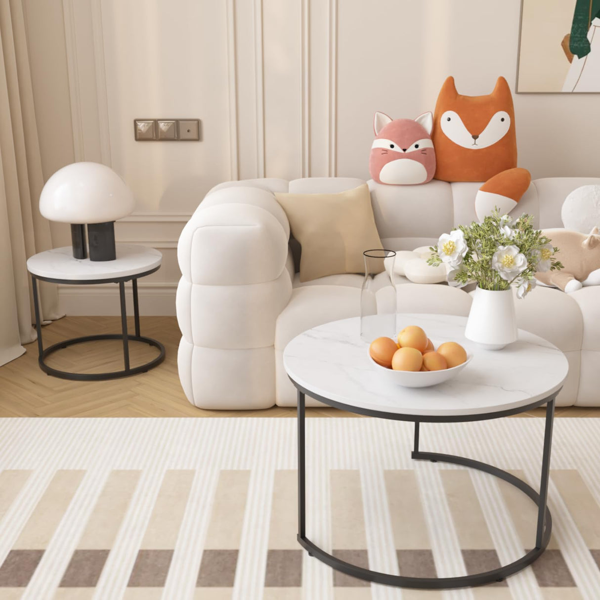 Round Nesting Coffee Table Set of 2, 27.6 inch White Marble Pattern Wooden Table Top