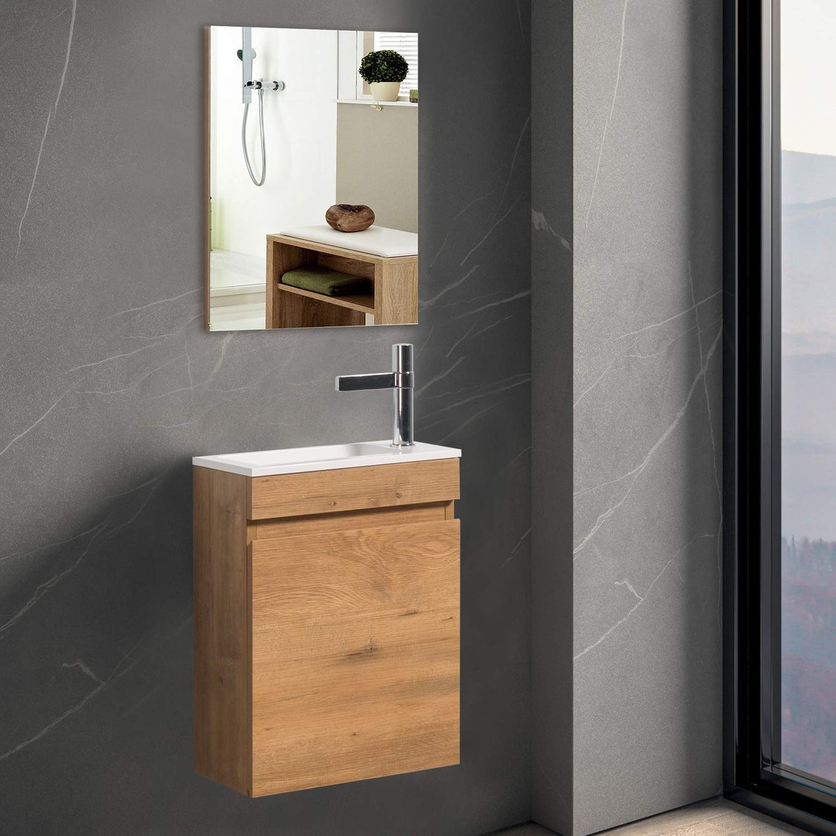 16" Floating Bathroom Vanity Set with Mirror, Wood Modern Design Wall Mounted