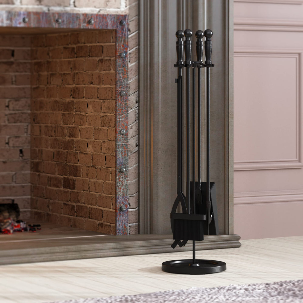 Fireplace Tools Set 5 Pieces Wrought Iron Fire Place Pit Poker Holder 31" H (Black)