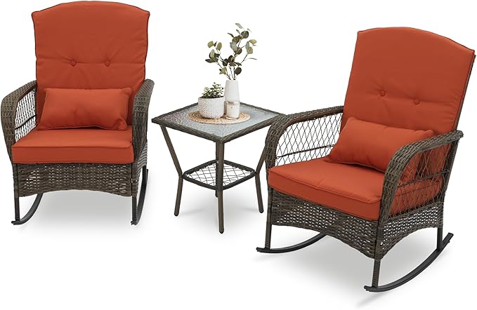 3 Piece Rocking Bistro Set Wicker Outdoor Patio Chairs Rattan Conversation Sets